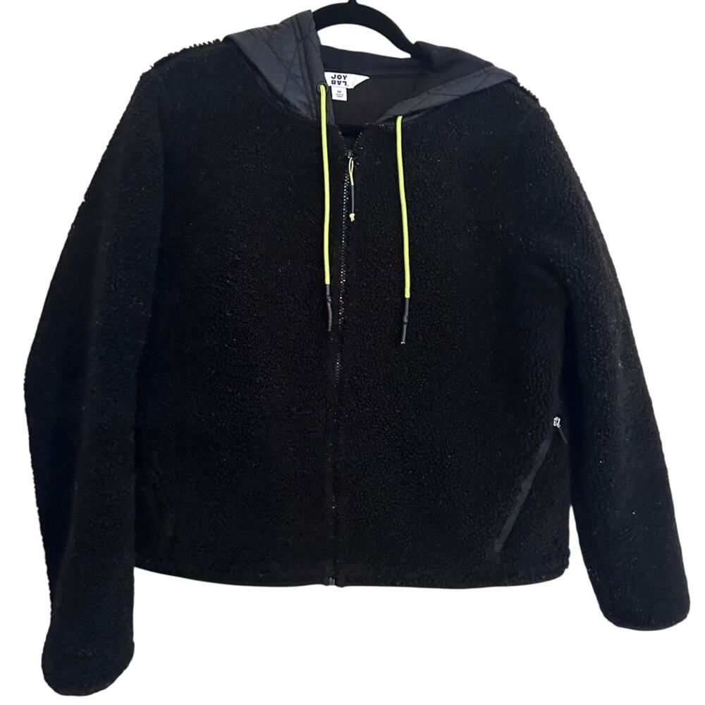 JoyLab Black Sherpa Full Zip Hooded Jacket Size M Lime Green Cropped Fleece